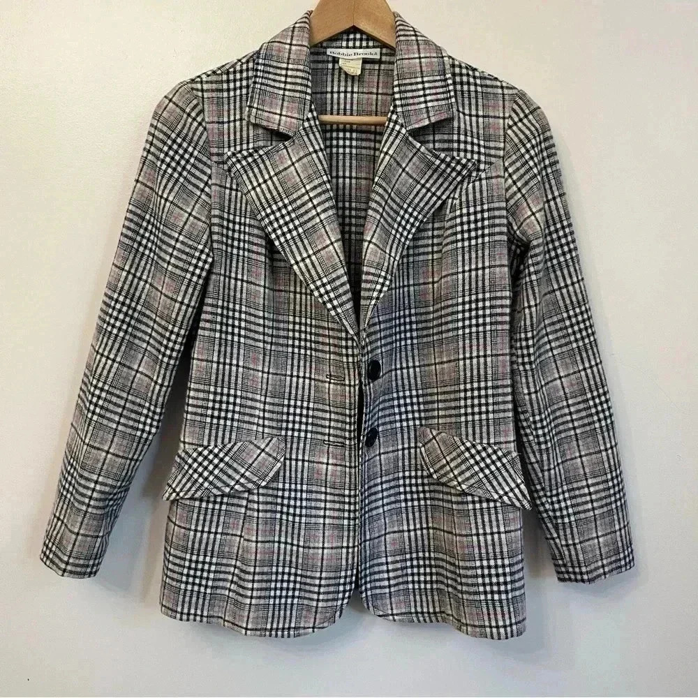 Two Button Blazer Wool Blend Plaid Vintage Bobbie Brooks Unlined Fit Size 0-2